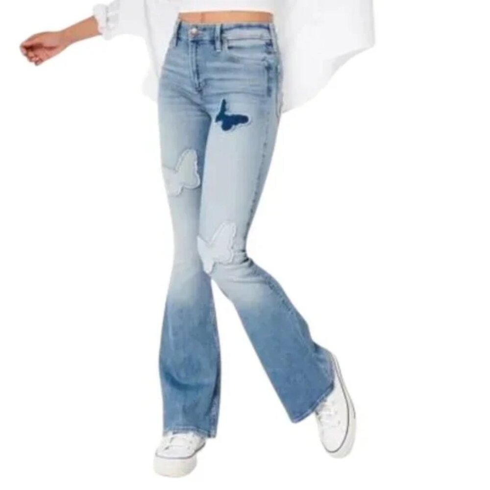 Hollister Mid Rise‎ Butterfly Patch Flare Jeans Bell Bottom Medium Wash Size 25S
